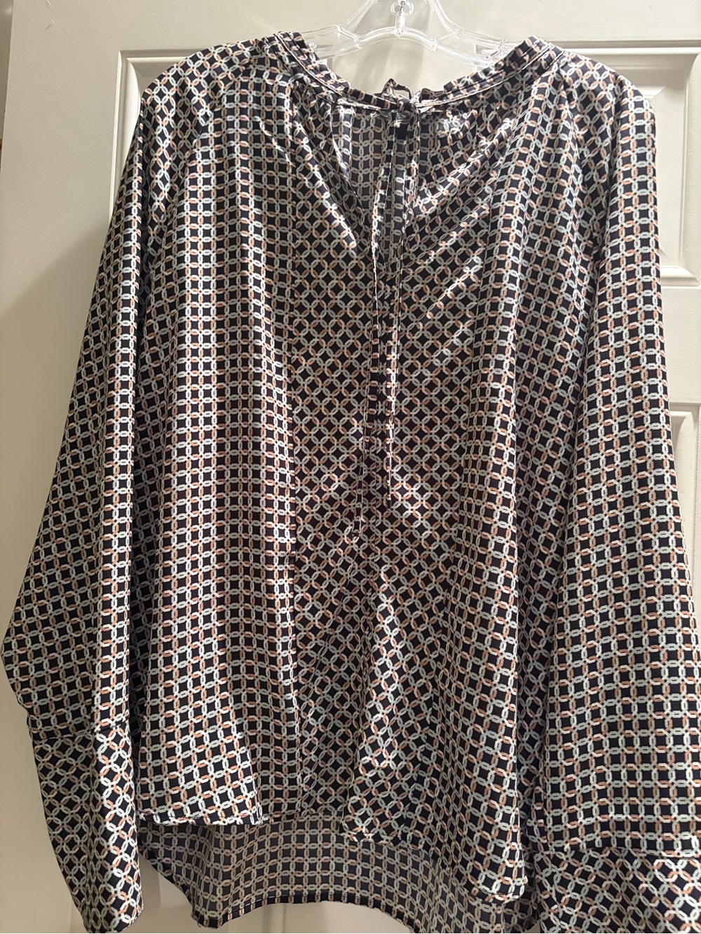 Ann Taylor woman’s Navy and White Geometric Long-Sleeve Shirt